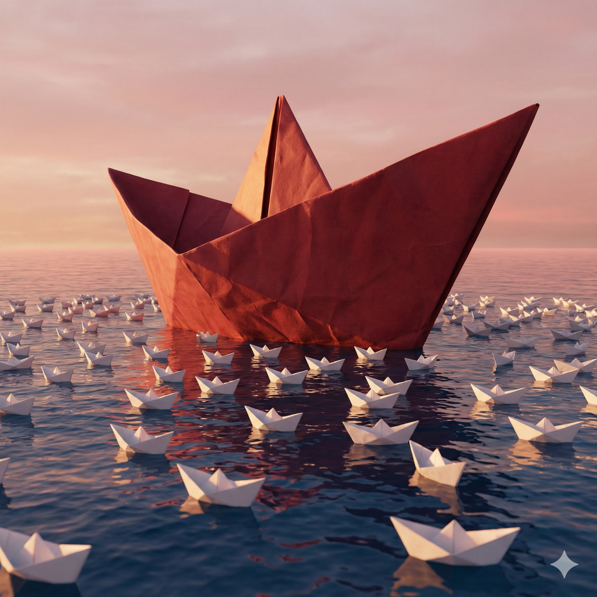 White paper boat leading among boats